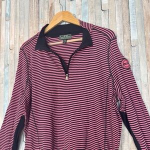 Ralph Lauren 2X Ribbed Knit Quarter Zip Pullover Top Black Pink Stripe Y2K Patch